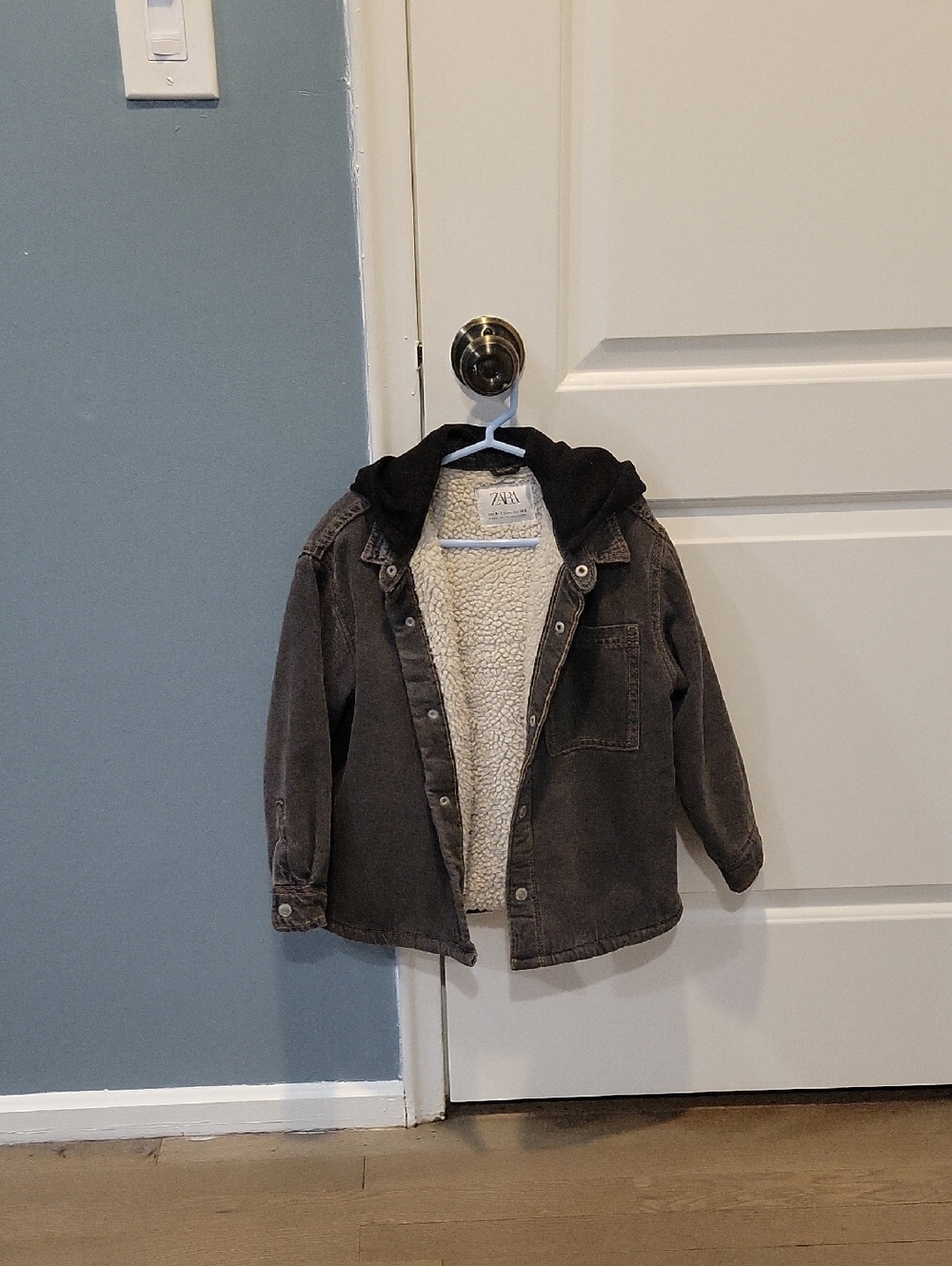 Zara Kids Black Denim Jacket with Sherpa Lining and Hood